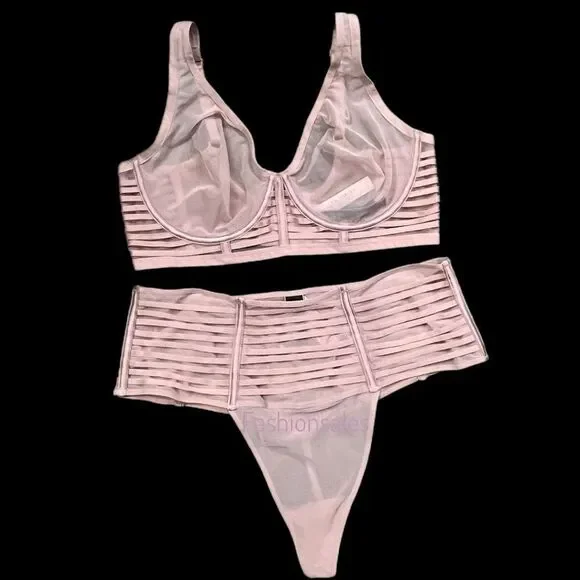 Victorias Secret LUXE Set Sexy Sheer Mesh Unlined Plunge bra & High Waist Thong
